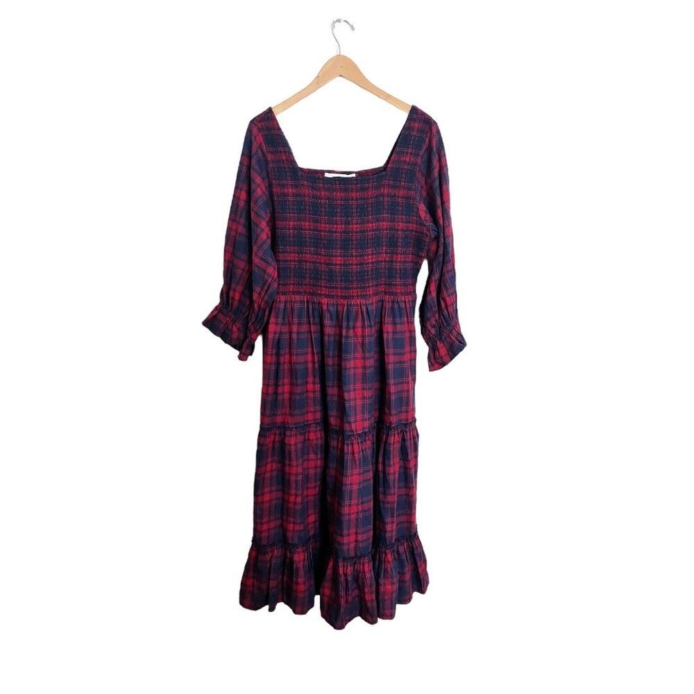 Jessakae The Brooks Red & Blue Plaid Ruffled Puff Sleeve Midi Dress Size 1X